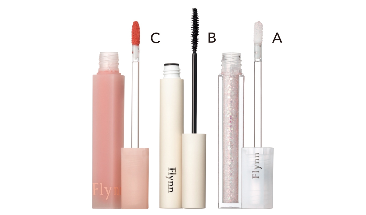 A ライトキャッチャーリキッドグリッター 01 ￥1190、B アンリミット ロング＆カールマスカラ ￥1320、C ブリーズベルベットティント 03 ￥1760／フリン