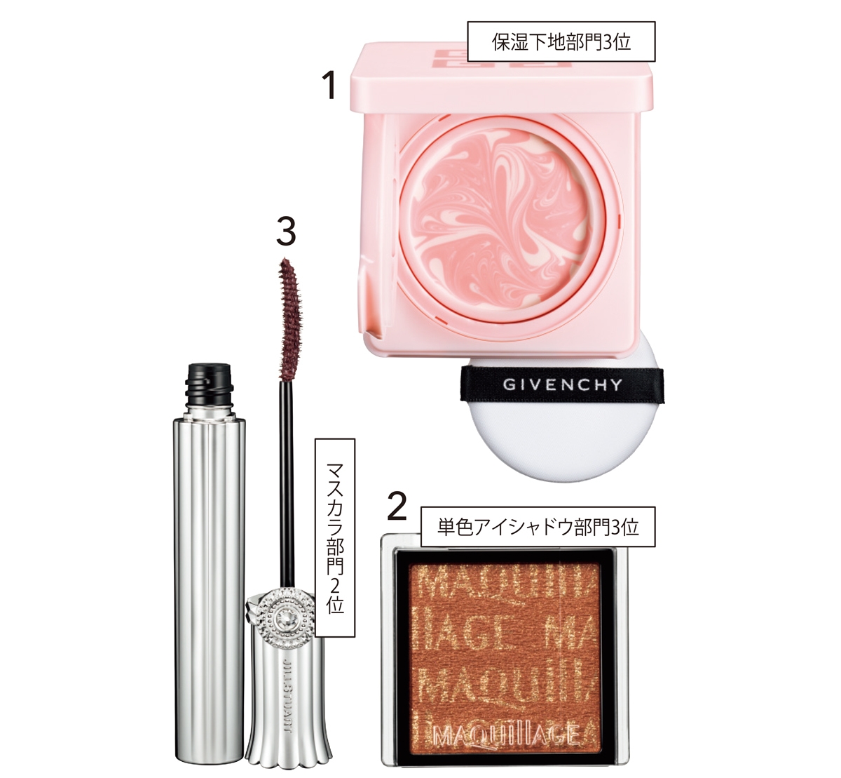 1 スキン PFCT コンパクト クリーム SPF15・PA+ 12g ¥9680／パルファム ジバンシイ　2 ドラマティックアイカラー （パウダー） OR531 ¥990 （編集部調べ）／マキアージュ　3 ブルーミングラッシュ ニュアンスカーラー 02 ¥3300／ジルスチュアート　ビューティ