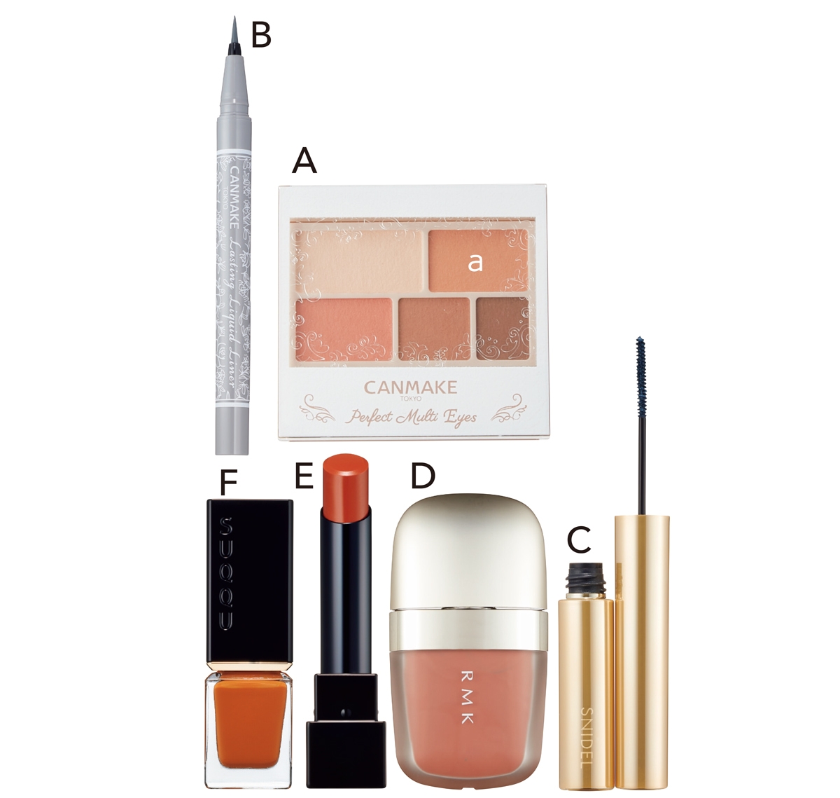 A キャンメイク パーフェクトマルチアイズ 07 ￥858、B 同 ラスティングリキッドライナー 07 ￥990／井田ラボラトリーズ（4/30限定発売）　C カールアップ マスカラ EX01 ￥3080／スナイデル ビューティ（5/11限定発売）　D ミューティドグロー リクイドチークス 01 ￥3850／RMK Division（限定品）　E ケイト リップモンスター 14 ￥1540（編集部調べ）／カネボウ化粧品（4/23発売）　F ネイル カラー ポリッシュ 143 ￥2750／SUQQU（5/13限定発売）