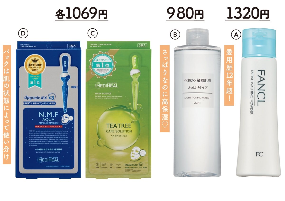 A ファンケル 洗顔パウダー 50g ￥1320／ファンケル　B 無印良品 化粧水 敏感肌用 さっぱりタイプ 400ml（大容量） ￥980／無印良品 銀座　C メディヒール ティーツリーケアソリューション アンプルマスクJEX 25ml×3枚 ￥1069、D 同 N.M.F アクア アンプルマスクJEX 25ml×3枚 ￥1069／セキド