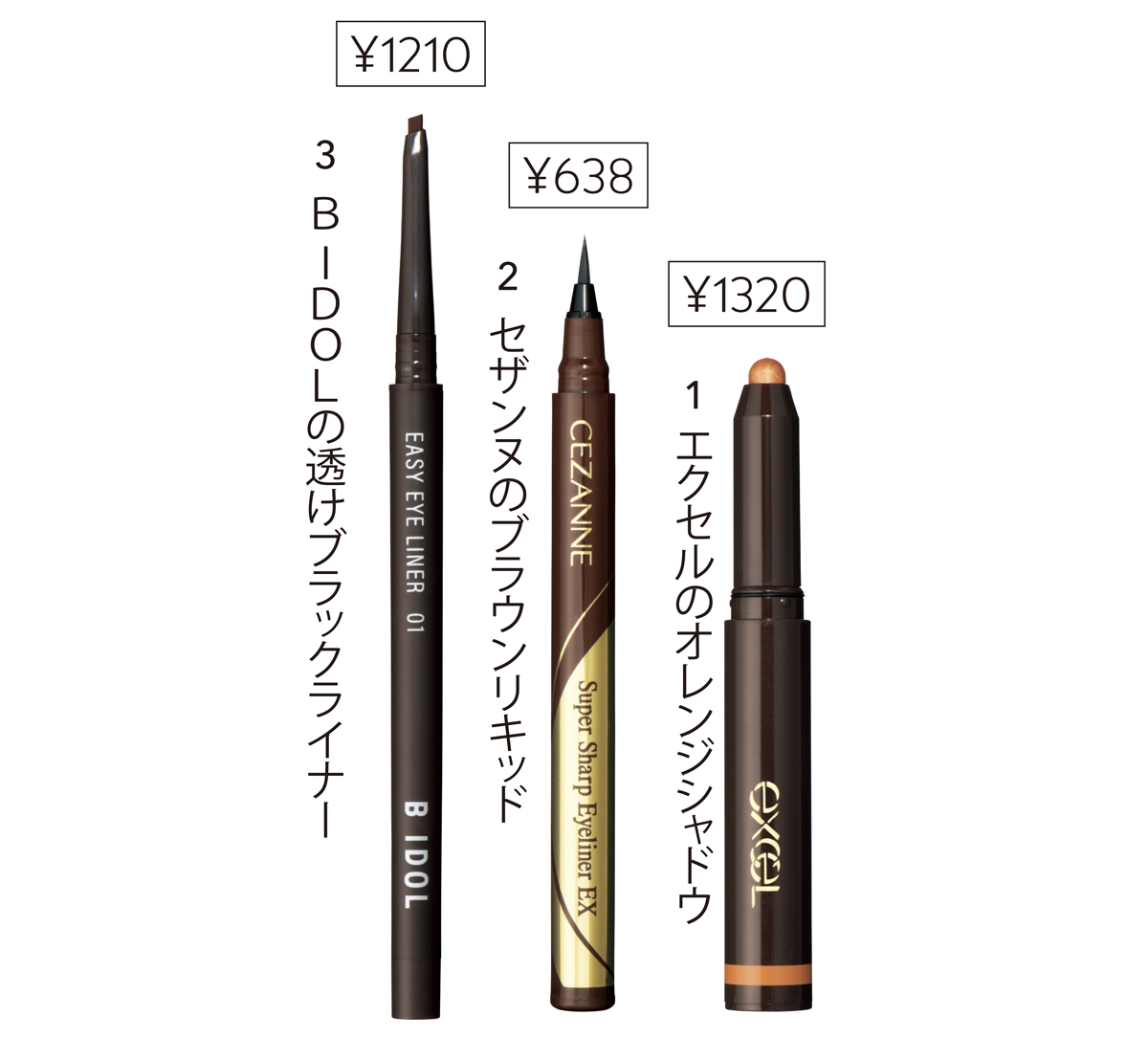 1 サナ エクセル グリームオンフィットシャドウ GF04／常盤薬品工業、2 極細アイライナーEX 20／セザンヌ化粧品、3 B IDOL イージー eye ライナー 01／かならぼ