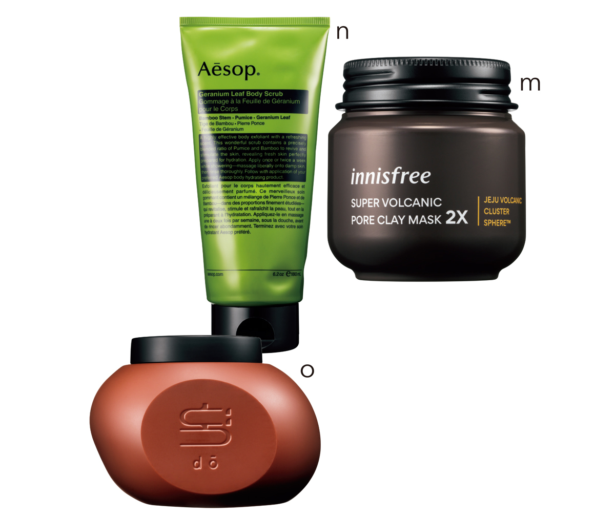 m スーパーヴォルカニック ポア クレイマスク 2X 100ml ￥1760／イニスフリー　n イソップ ゼラニウム ボディスクラブ 180ml ￥4015／イソップ・ジャパン　o どうシグネチャーボディスクラブ&バスペースト 補ho 600g ￥8360／エッジオフィス