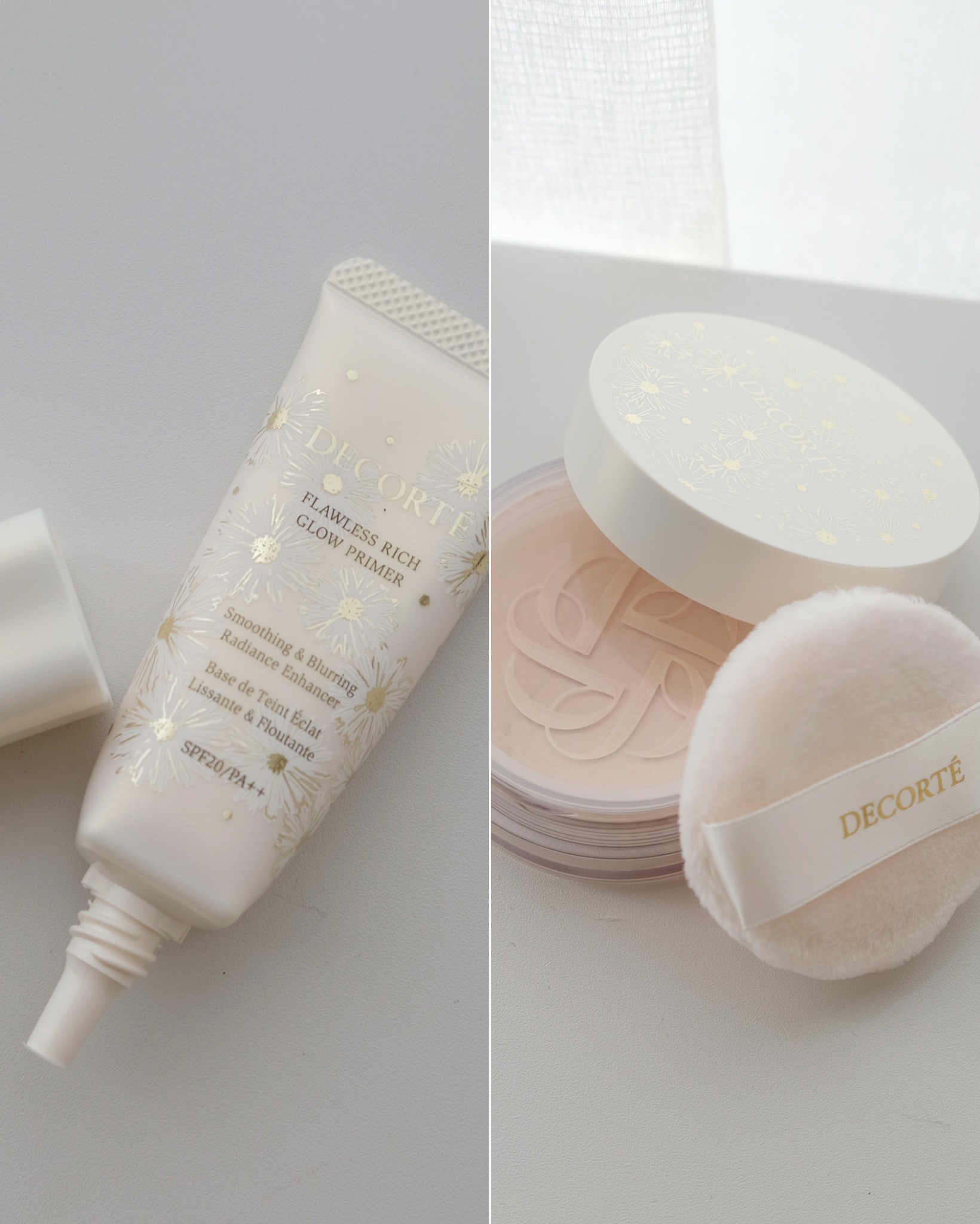 コスメデコルテ_クリスマスコフレ2024_ホワイトブリス コレクション_フローレススキン グロウライザー  WHITE BLISS_ルースパウダー WHITE BLISS 08 cozy light