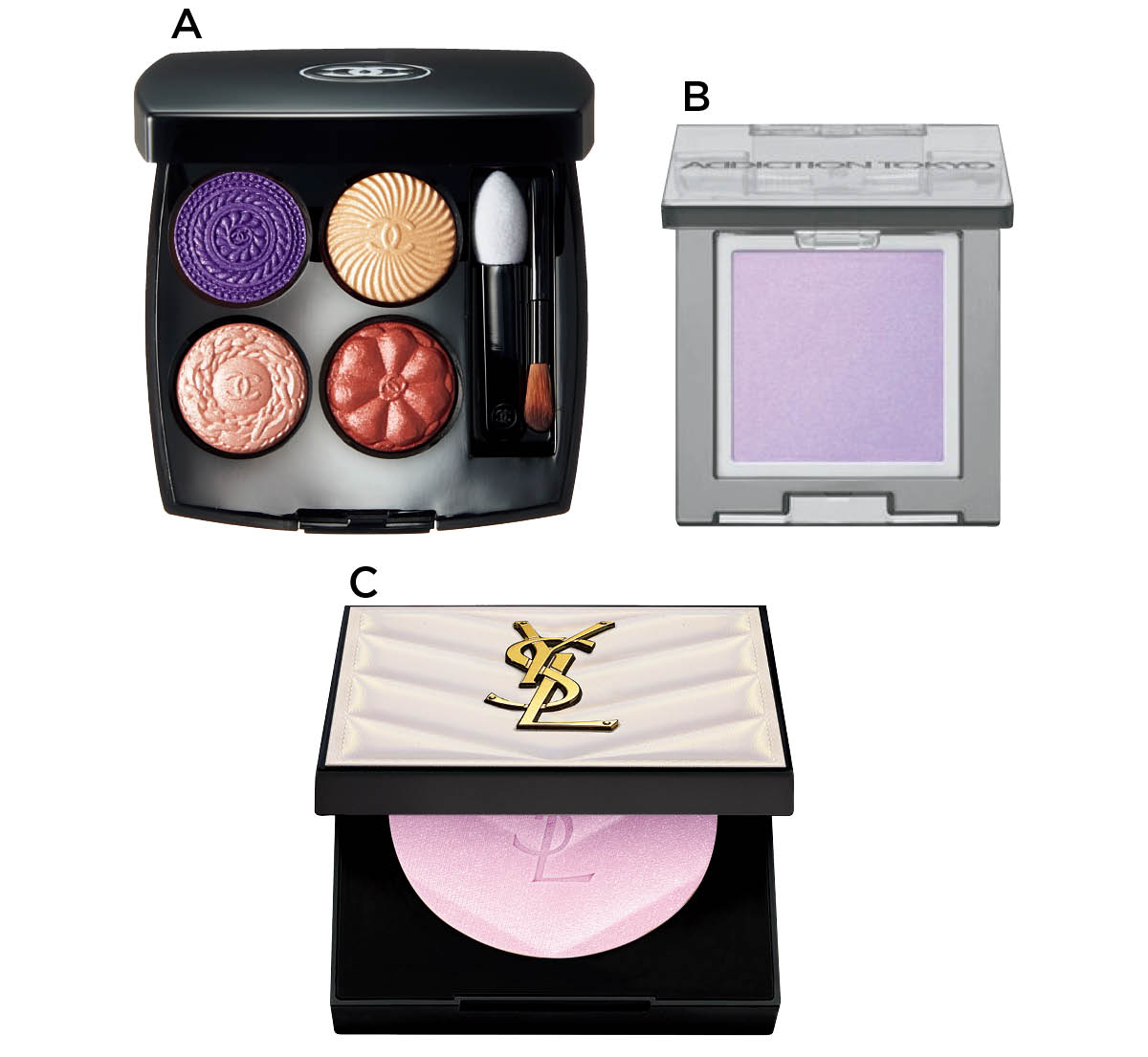 HANA NAOKO メイク使用アイテム　シャネル レ キャトル オンブル ブトン 239 アディクション ザ シングル アイシャドウ ネイキッドシアー 007N イヴ・サンローラン・ボーテ オールアワーズ ハイパールミナイザー 69