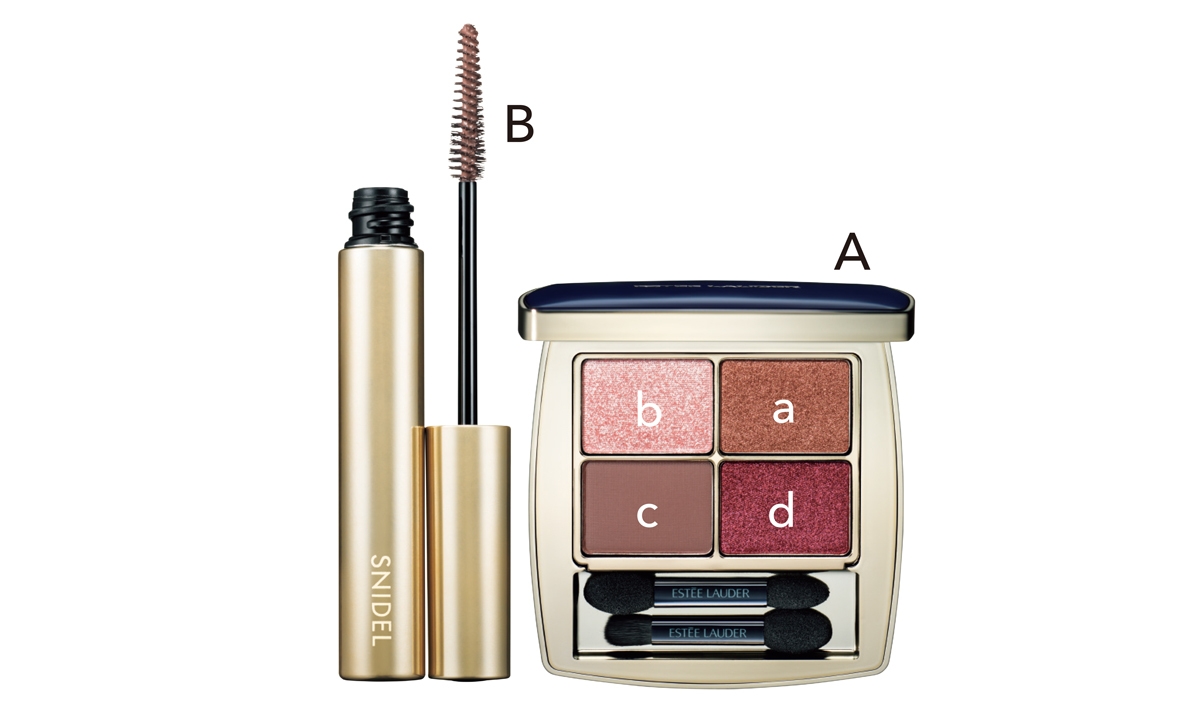 A ピュア カラー エンヴィ リュクス アイシャドウ クアッド 01 ￥7700／エスティ ローダー　B ディファイニング マスカラ 07 ￥3080／スナイデル ビューティ