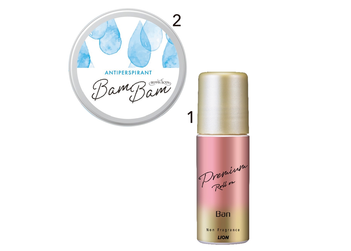 1Ban 汗ブロックロールオン プレミアム 無香性（医薬部外品）40ml ￥880（編集部調べ）／ライオン　2べっぴんボディ 薬用アセブロックバムバム 20g ￥1760／ミックコスモ