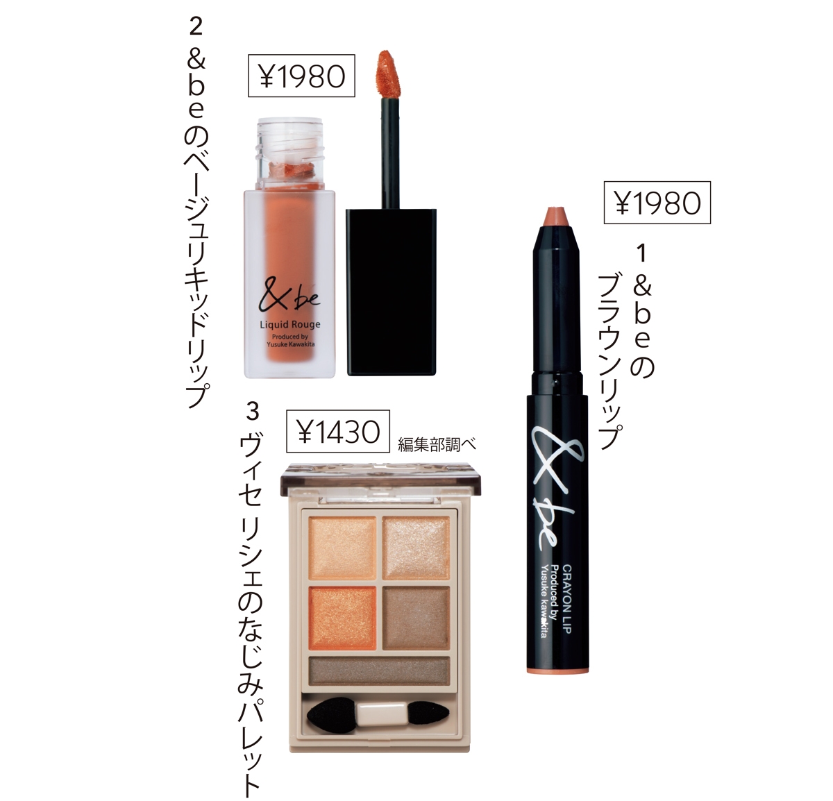 1 &be クレヨンリップ ナッツブラウン、2 同 リキッドルージュ ヌードベージュ／Clue、3 ヴィセ リシェ パノラマデザイン アイパレット BR-4／コーセー