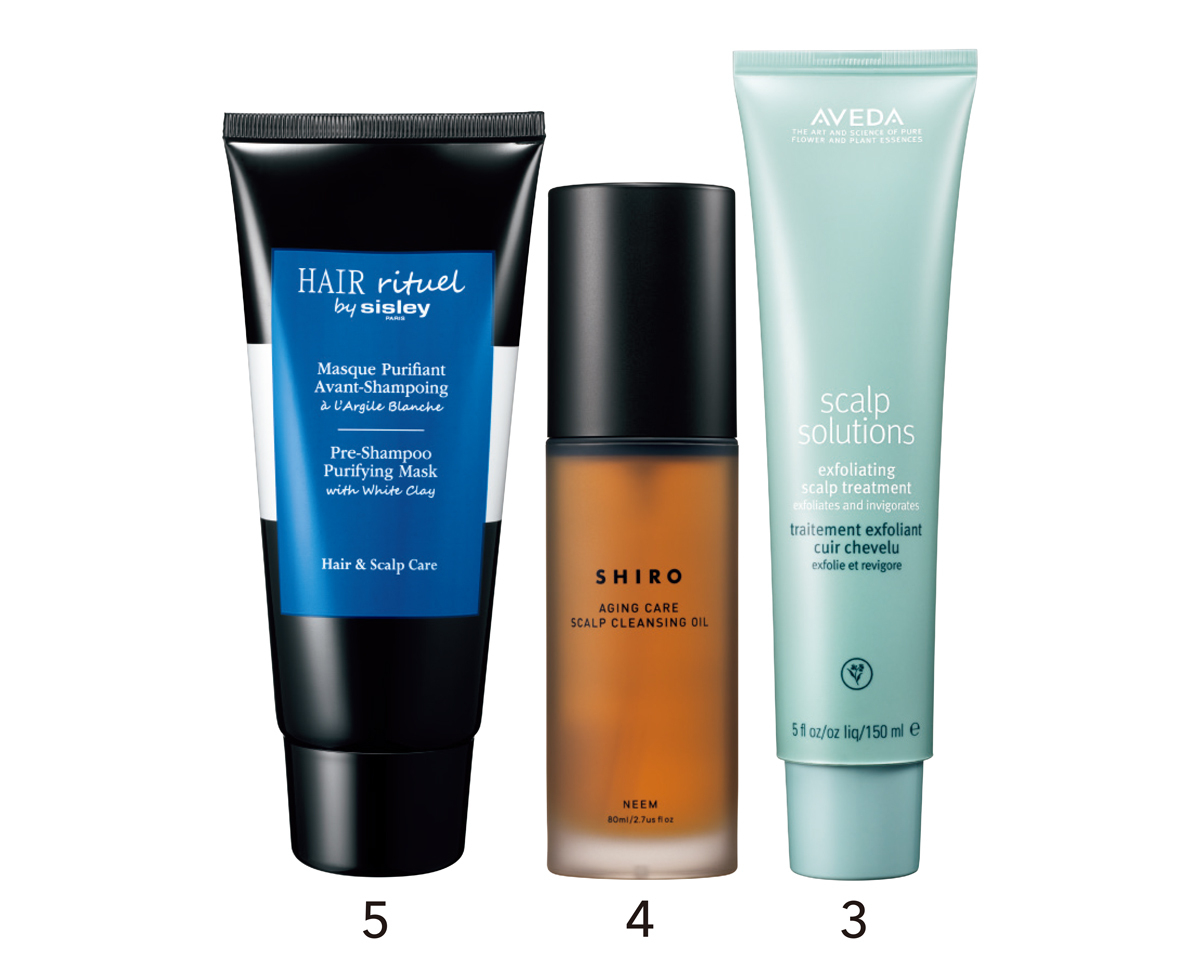 3スカルプ ソリューション エクスフォリエイティング スカルプ トリートメント 150ml ￥6380／アヴェダ　4ニーム頭皮クレンジングオイル 80ml ¥5868／SHIRO　5ヘア リチュアル プレシャンプー ピュリファイング マスク 200ml ￥12100／シスレージャパン