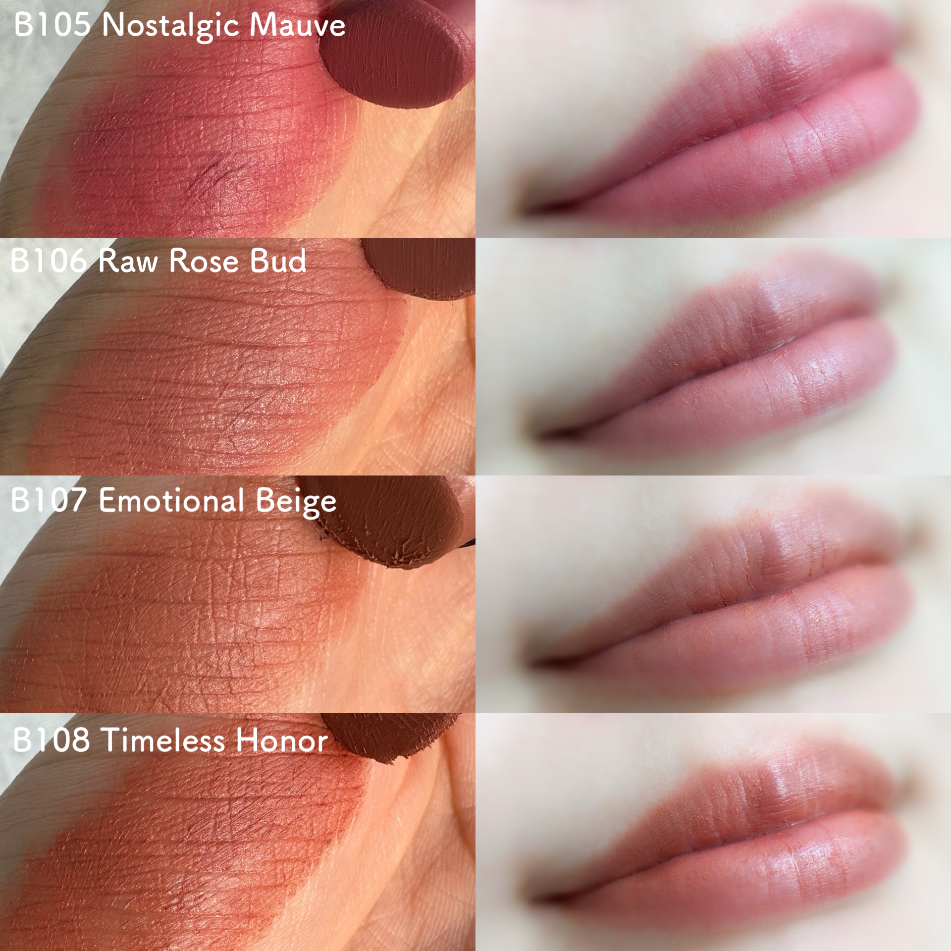 カネボウ_春コスメ2025_ルージュスターブリーズ B105／B106／B107／B108_スウォッチ・リップメイク