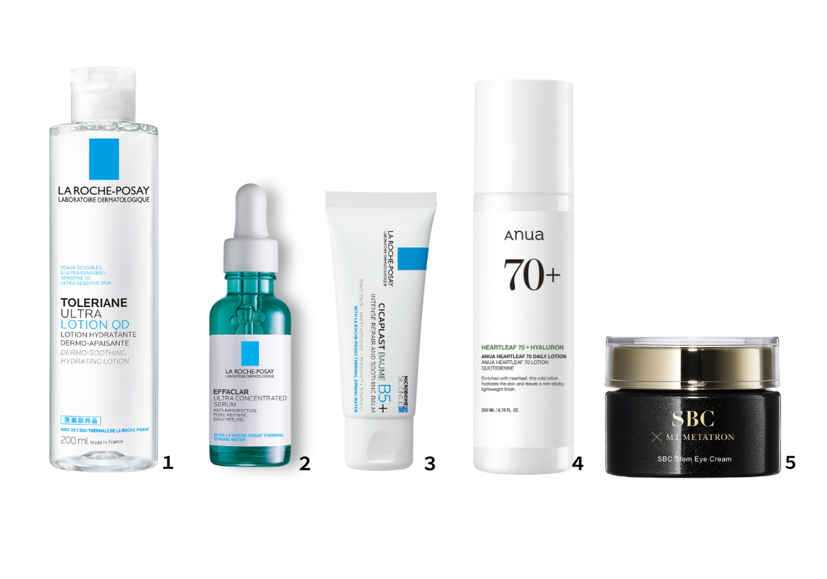 鈴木凌愛用スキンケアアイテム　ラ ロッシュ ポゼ トレリアン 薬用モイスチャーローション［医薬部外品］ 200ml　ラ ロッシュ ポゼ エファクラ ピールケア セラム 30ml　ラ ロッシュ ポゼ シカプラスト リペアクリーム B5+ 40ml　Anua ドクダミ70デイリーローション 200ml　MTコスメティクス SBC ステムアイクリーム 20g 