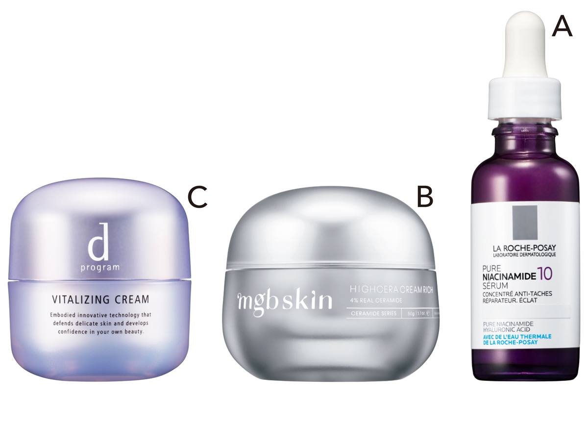 A N10 セラム 30ml ￥6050／ラ ロッシュ ポゼ　B mgb skin ハイセラクリーム リッチ 50g ¥8800／MEGOOD BEAUTY　C d プログラム バイタライジングクリーム（医薬部外品） 45g ¥6490／資生堂インターナショナル