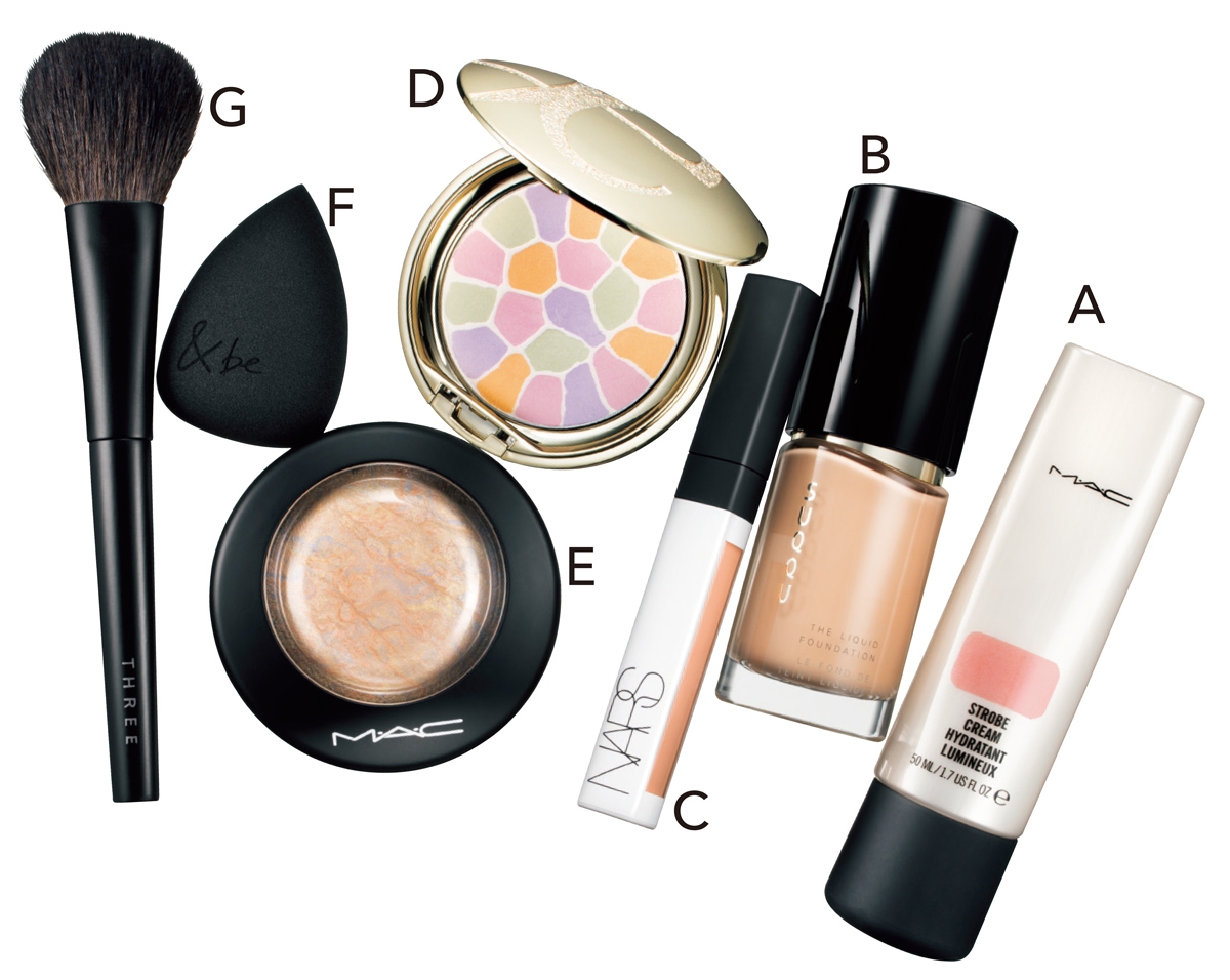 A ストロボクリーム ピンクライト 49g ￥4950／M･A･C　B ハイカバレッジタイプ。ザ リクイド ファンデーション SPF15～30･PA++ 30ml 全23色 各￥11000／SUQQU　C ラディアントクリーミー カラーコレクター 6ml 全2色 各￥3960／NARS JAPAN　D ラ プードル オートニュアンス Ⅰ ￥11000／エレガンス コスメティックス　E ミネラライズ スキンフィニッシュ ライトスカペード ￥4620／M･A･C　F &be ブラックスポンジ ￥770／Clue　G カラー ヴェール ブラッシャー ブラシ ￥6600／THREE