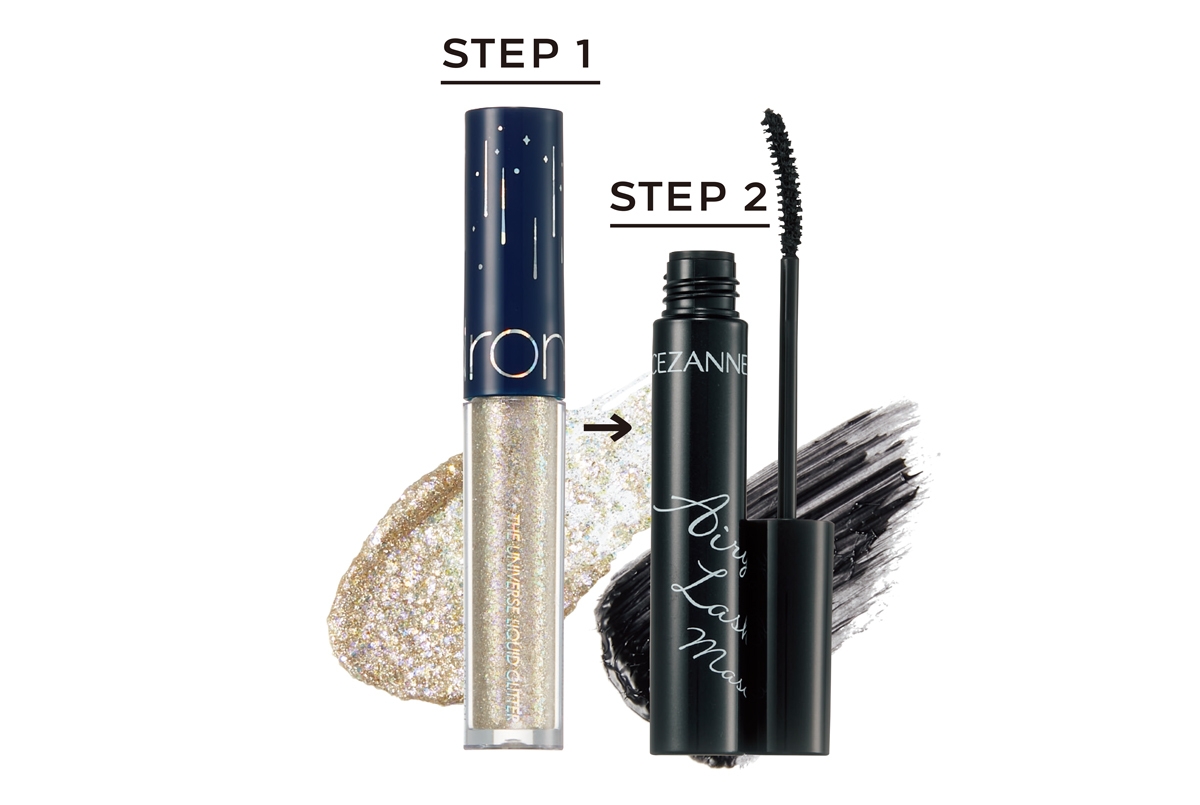 （左）ロムアンド ザユニバース リキッドグリッター 01 ￥1100／PLAZA　（右）エアリーロングラッシュマスカラ ブラック ￥638／セザンヌ化粧品