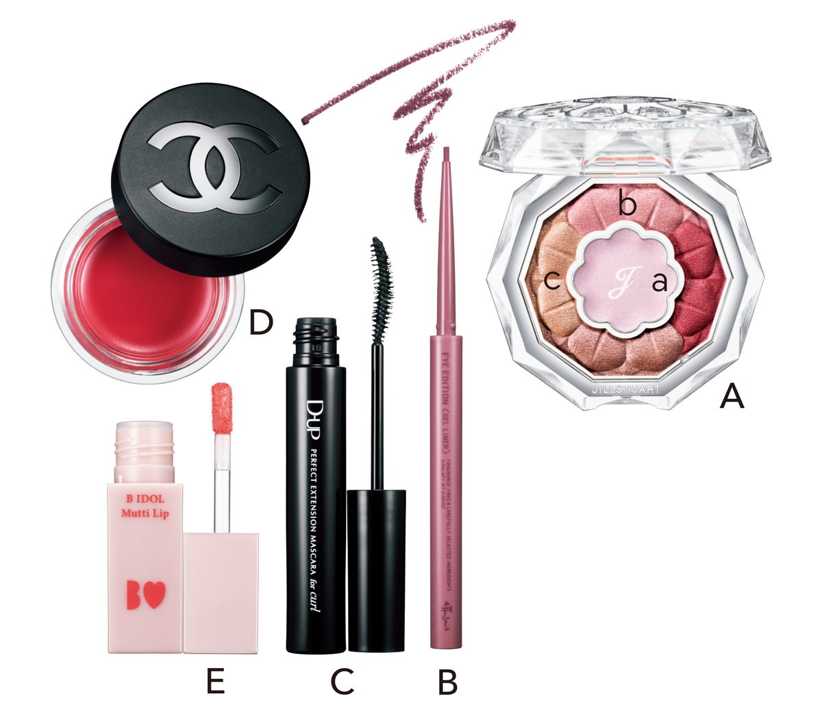 A ブルームクチュール アイズ 05 ￥6380／ジルスチュアート　ビューティ　B アイエディション （ジェルライナー） 08 ￥1320／エテュセ　C パーフェクトエクステンション forカール ￥1650／ディー・アップ　D リップ＆チーク ボーム N°1 ドゥ シャネル 5 ￥6050／シャネル　E B IDOL むっちリップ 04 ￥1540／かならぼ（3月30日発売）