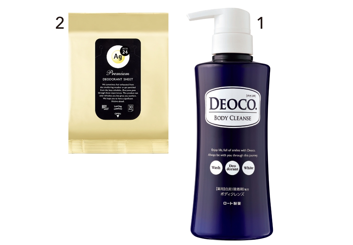 1デオコ 薬用ボディクレンズ 350ml ￥1100（編集部調べ）／ロート製薬　2エージーデオ24 プレミアムデオドラント シャワーシート（無香性・医薬部外品） 30枚入 （オープン価格）／ファイントゥデイ資生堂