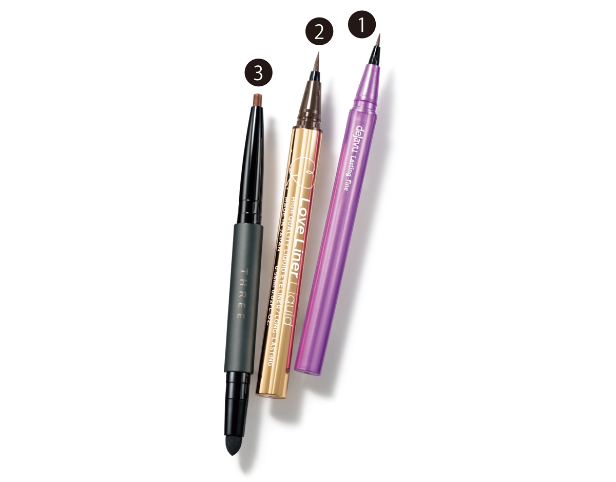 1 デジャヴュ ラスティンファインE ショート筆リキッド コッパーブラウン ￥1430／イミュ　2 ラブ・ライナー リキッドアイライナーR4 ブラウン ￥1760／msh　3 サブトーンディファイニング アイペンシル 03 ￥2420／THREE