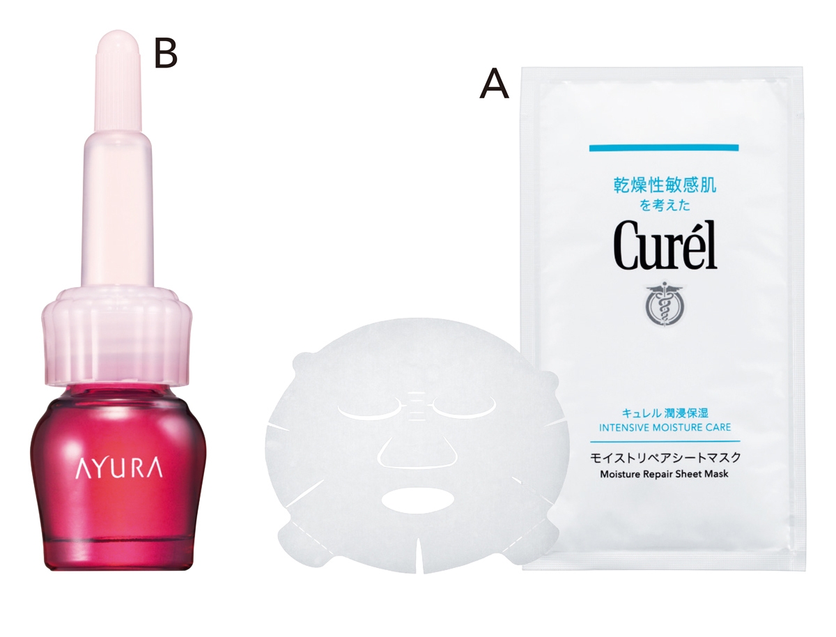Aキュレル 潤浸保湿 モイストリペアシートマスク（医薬部外品） 4枚入 ￥1650（編集部調べ）／花王　Bセラムオプティマイザー 7ml ￥2750／アユーラ