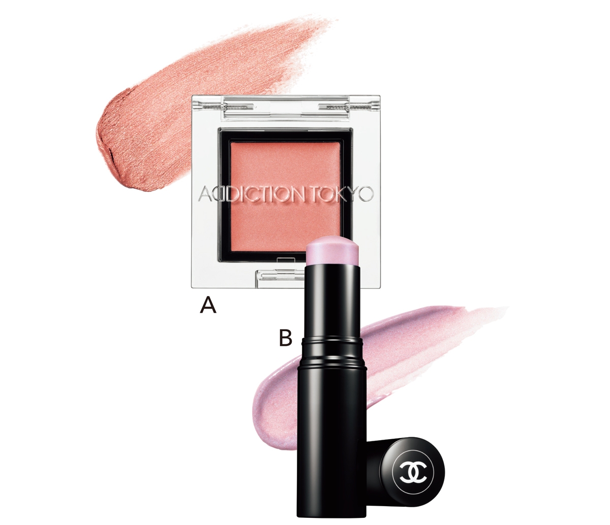 A ザ アイシャドウ クリーム 015C Love Vision ￥2200／アディクション ビューティ　B ボーム エサンシエル リラ ￥6600／シャネル