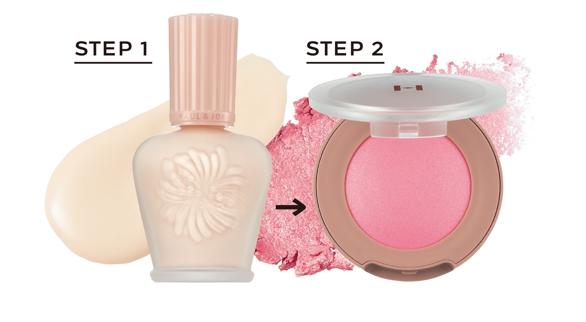 （左）モイスチュアライジング ファンデーション プライマー 01 SPF15・PA+ 30ml ￥3850／ポール & ジョー ボーテ　（右）トゥルーディメンショングロウチーク G001 ブラッシュオン ￥2750／hince