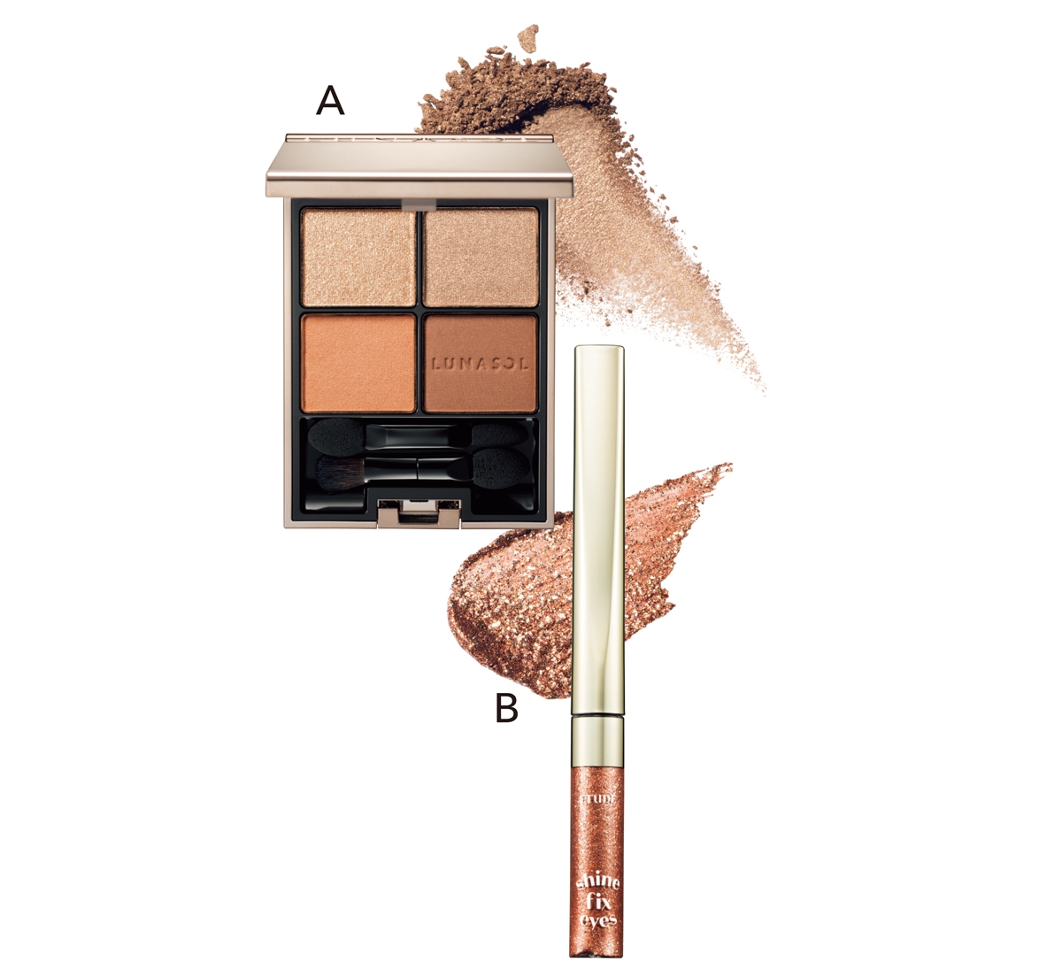 A ルナソル アイカラーレーション 18 ￥6820／カネボウ化粧品　B シャインフィックス アイズグリッター 星屑のシャンパン ￥1290／エチュード（4/28発売）