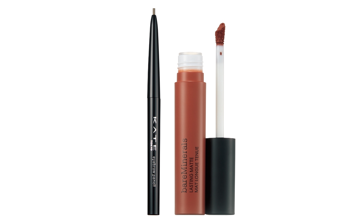 （左から）ケイト アイブロウペンシルZ BR-2 ￥605（編集部調べ）／カネボウ化粧品、ミネラリスト マット リキッド リップカラー デターマインド ￥3850／ベアミネラル