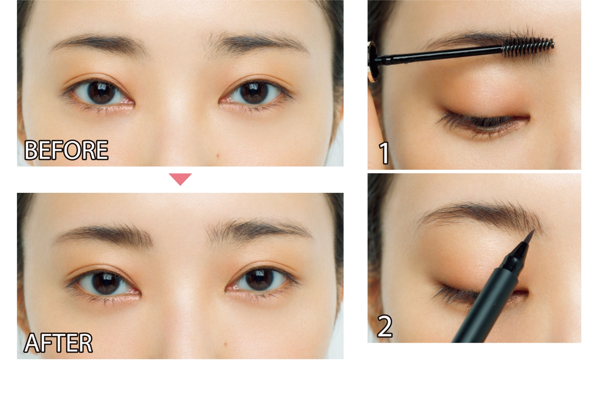 1 Aの透明マスカラで眉頭の毛を中央に寄せるようにとかす。2 1で立ち上げた眉頭部分をBのリキッドで埋め、印象を強める。