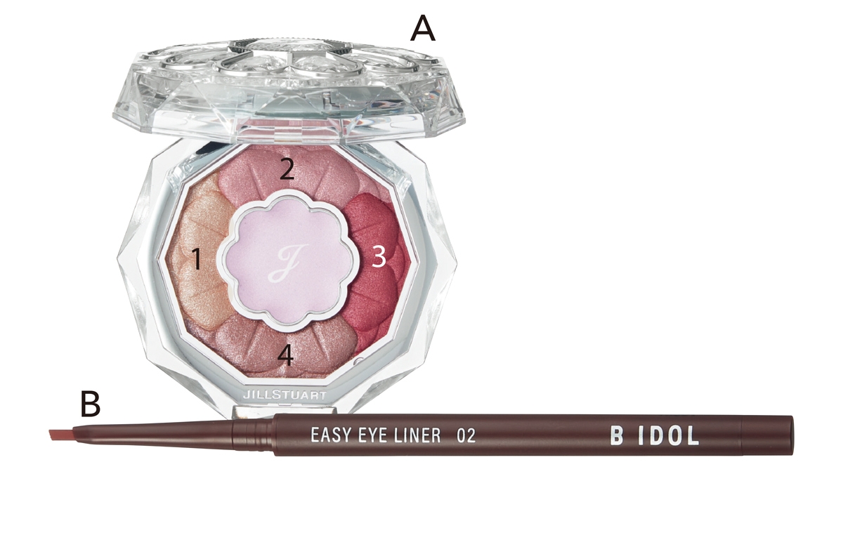 A ブルームクチュール アイズ 05 ¥6380／ジルスチュアート　ビューティ　B B IDOL イージーeye ライナー 02 ¥1210／かならぼ（4/27発売）