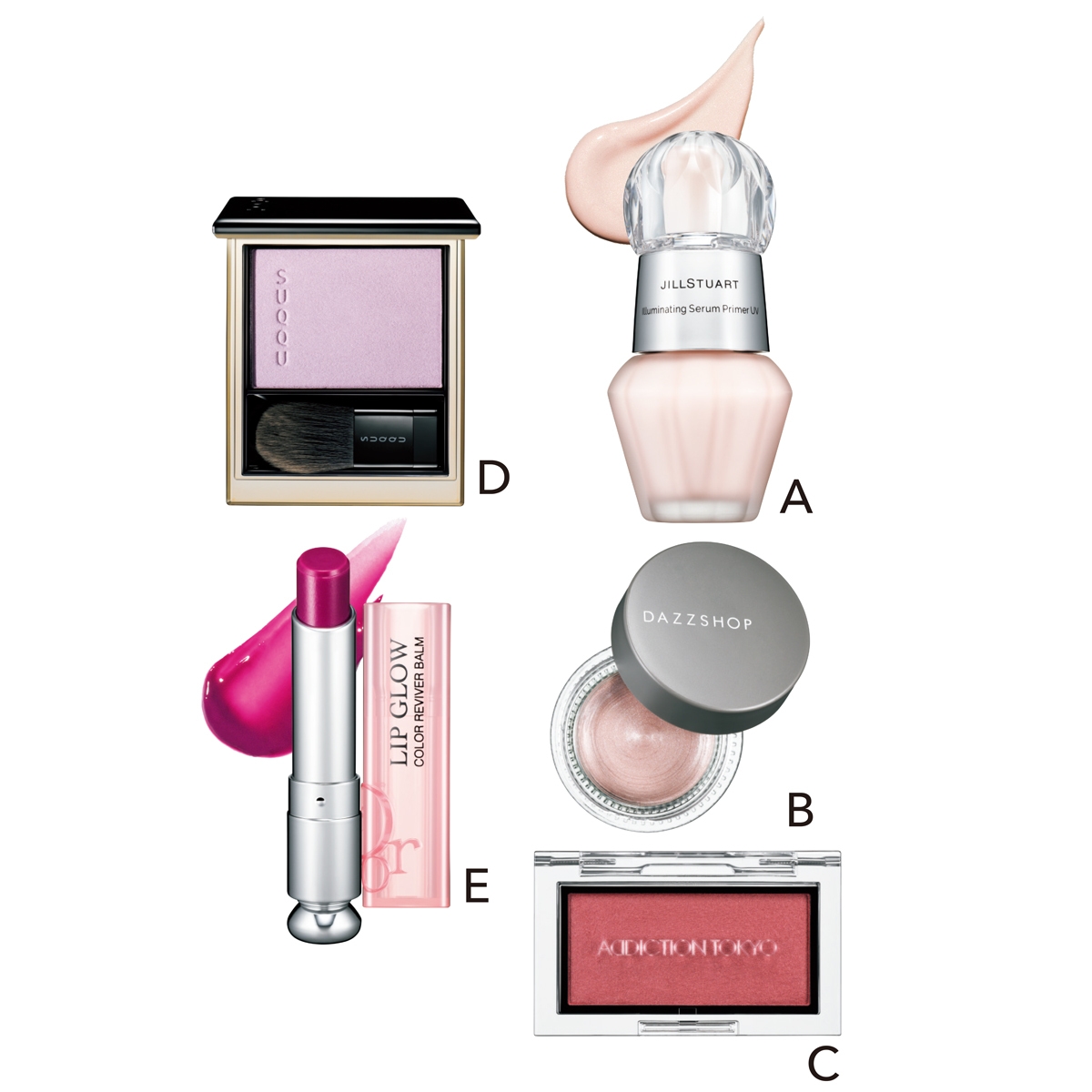 A イルミネイティング  セラムプライマー UV 01 30ml SPF40･PA+++ ￥3520／ジルスチュアート　ビューティ　B スパークリングジェム 25 ￥2750／DAZZSHOP　C ザ ブラッシュ パール 101P ￥3300／アディクション ビューティ（4月22日限定発売）　D メルティング パウダー ブラッシュ 01 ￥6050／SUQQU　E ディオール アディクト リップ グロウ 006 ￥4290／パルファン・クリスチャン・ディオール