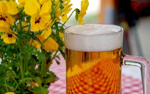 テーブルに置かれたビールと花
