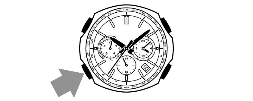 STEP1:左下ボタンを長押しして時刻モードにする