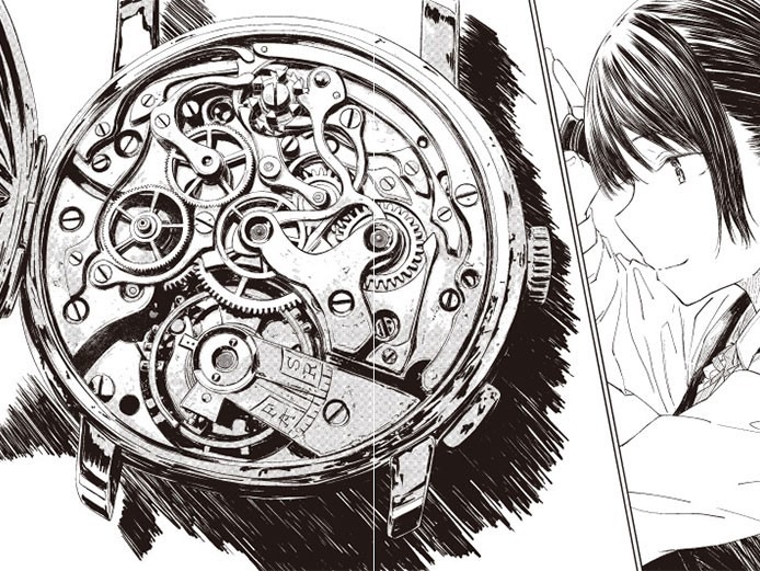 ②細部まで書き込まれた機械式時計の描写