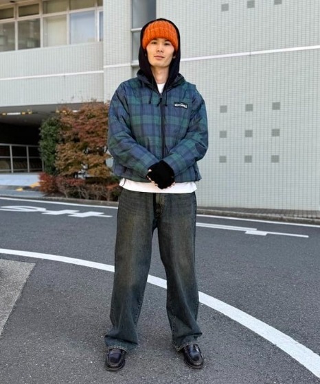 チェック×ニット帽