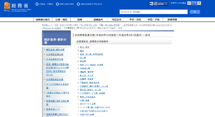 総務省ホームページ「日本標準産業分類（平成25年10月改定）（平成26年4月1日施行）－目次」より