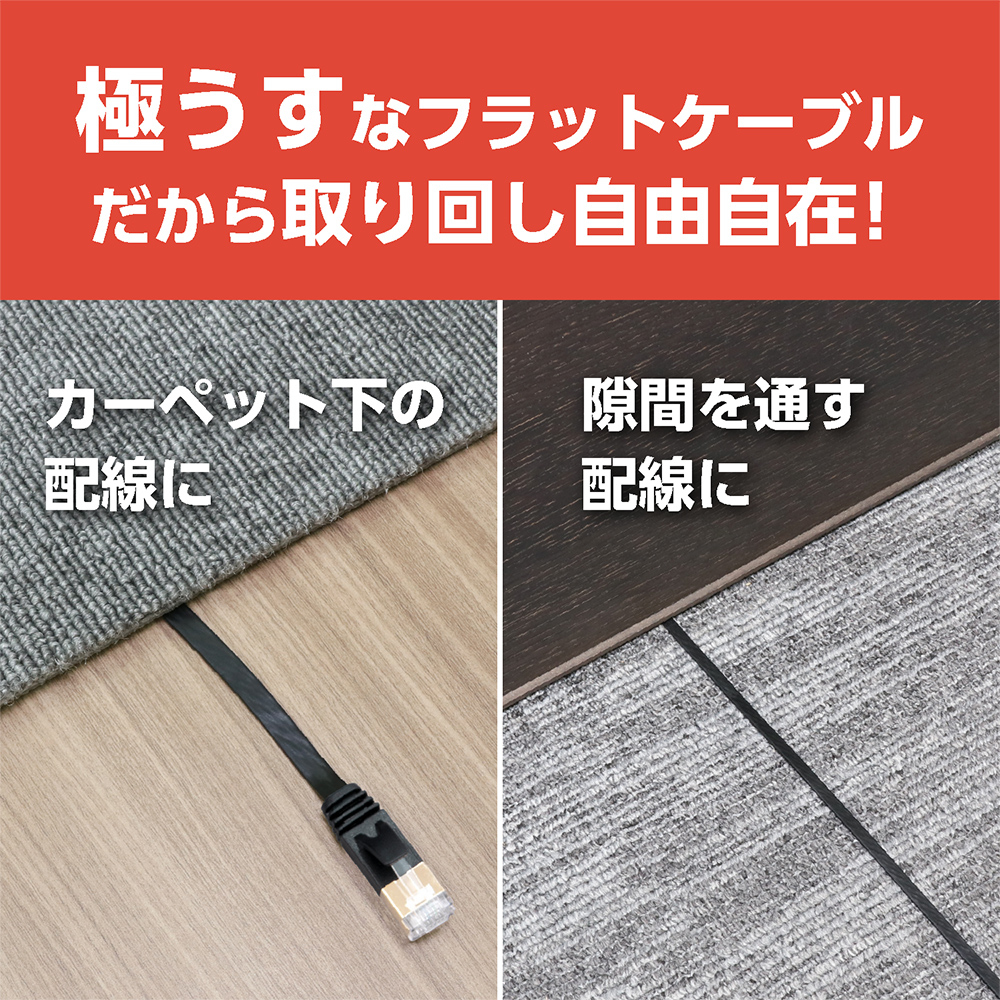 CAT.7 LANケーブル フラット 1m／黒 C7-F010BK | ナカバヤシダイレクト