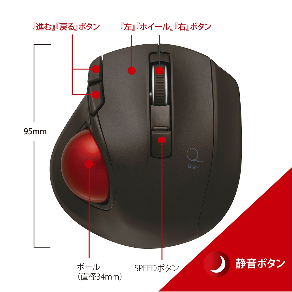 無線式トラックボール MUS-TRLF184BK 小型無線5ボタンレーザー式人差し指トラック