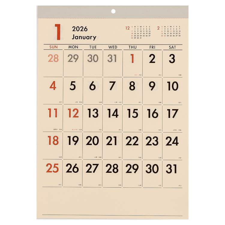 【2026年度版 カレンダー】 ナカバヤシ 壁掛けカレンダー2026文字月表CY/A3 CLH-A3CY-26