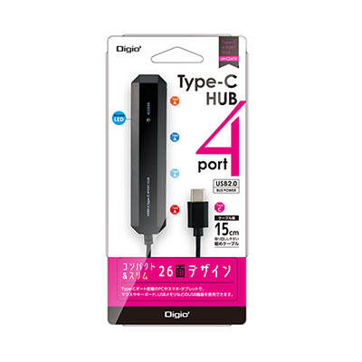ナカバヤシ Digio2 USB2.0 Type-C 4ポートハブ 15cm UH-C2474BK ブラック (tm)