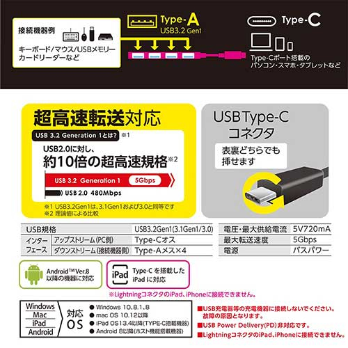 USB3.2Gen1Type-C 4ポート変換ガラスハブ ブラック UH-C3234BK (tm)