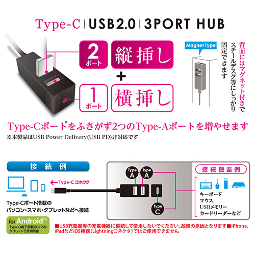 ナカバヤシ Digio2 Type-C USB2.0 3ポートハブ 120cm UH-C2463BK ブラック (tm)