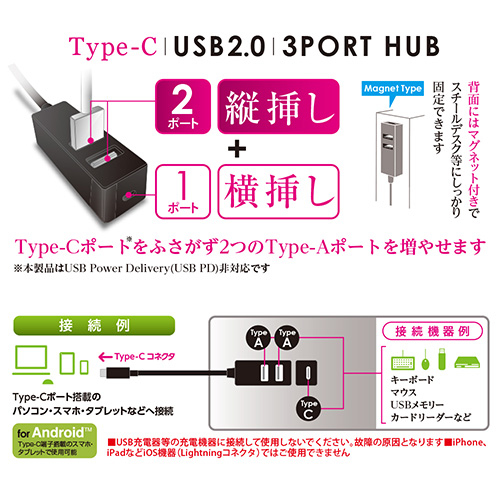 ナカバヤシ Digio2 Type-C USB2.0 3ポートハブ 30cm UH-C2453W ホワイト (tm)