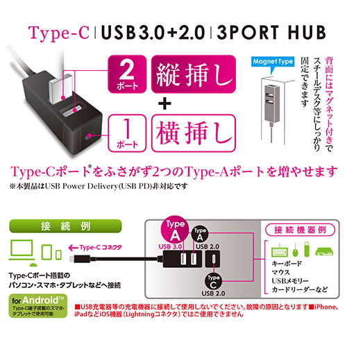 ナカバヤシ Digio2 Type-C USB3.0+2.0 3ポートハブ 30cm UH-C3113W ホワイト (tm)