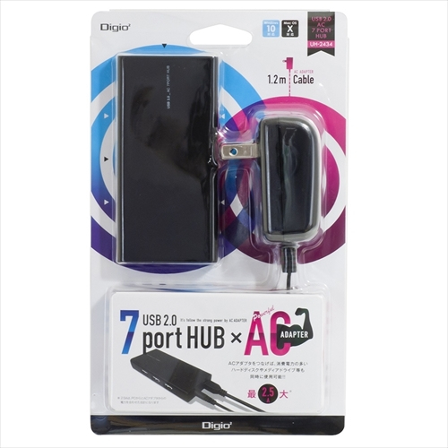 ナカバヤシ USB2.0AC7ポートハブブラック UH-2434BK　(tm)　