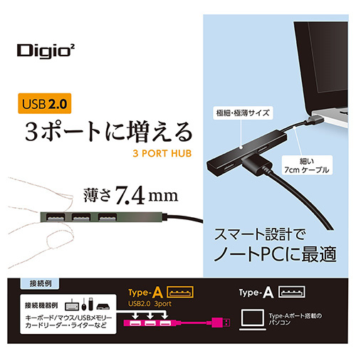 ナカバヤシ アルミ極薄USBハブ【STIX】シリーズ USB2.0 3ポートハブ/グレー UH-2543GY (tm)