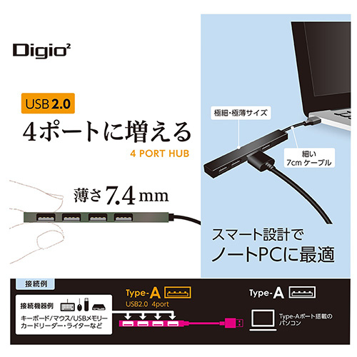 ナカバヤシ アルミ極薄USBハブ【STIX】シリーズ USB2.0 4ポートハブ/グレー UH-2554GY (tm)