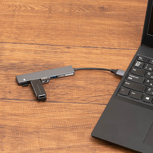 ナカバヤシ アルミ極薄USBハブ【STIX】シリーズ USB3.2Gen1+2.0 3ポートµSDカードリーダ COM-3MSD093GY (tm)