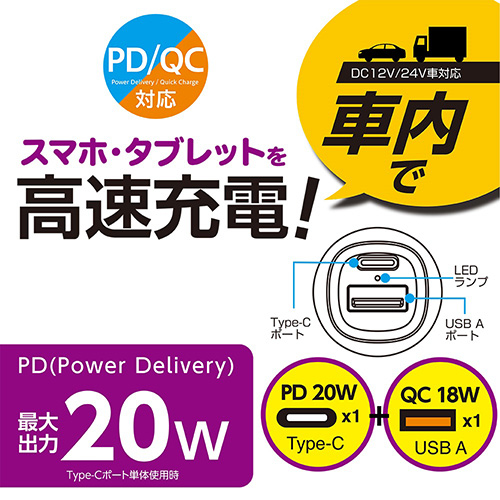 ナカバヤシ 20W PD充電対応 Type-C1ポート+USB A1ポートカーチャージャー【JYU-DCU02】ブラック JYU-DCU02BK (tm)