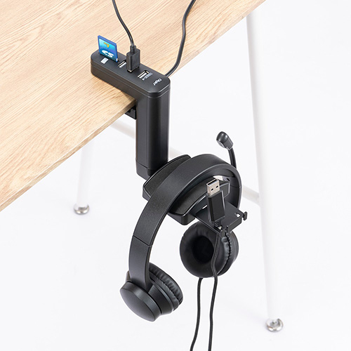 ナカバヤシ USB2.0 3ポートハブ+SD microSDカードリーダー /ライター付きヘッドホンフック HPH-002BK (tm)