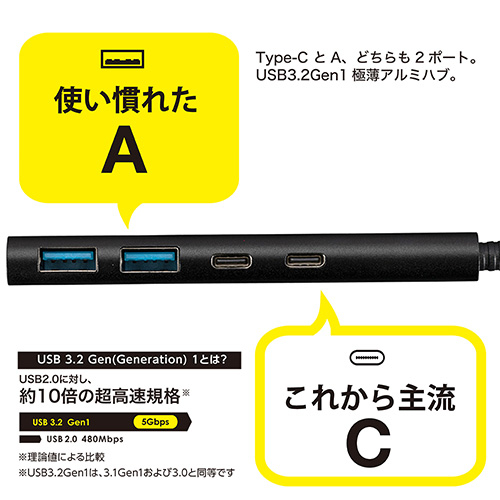 ナカバヤシ USB3.2Gen1Type-C4ポート(Cx2/Ax2)アルミハブ/シルバー UH-C3364SL (tm)