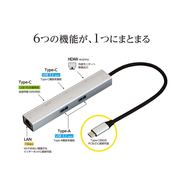Type-C6in1スリムドック/グレーUD-C07GY (tm)