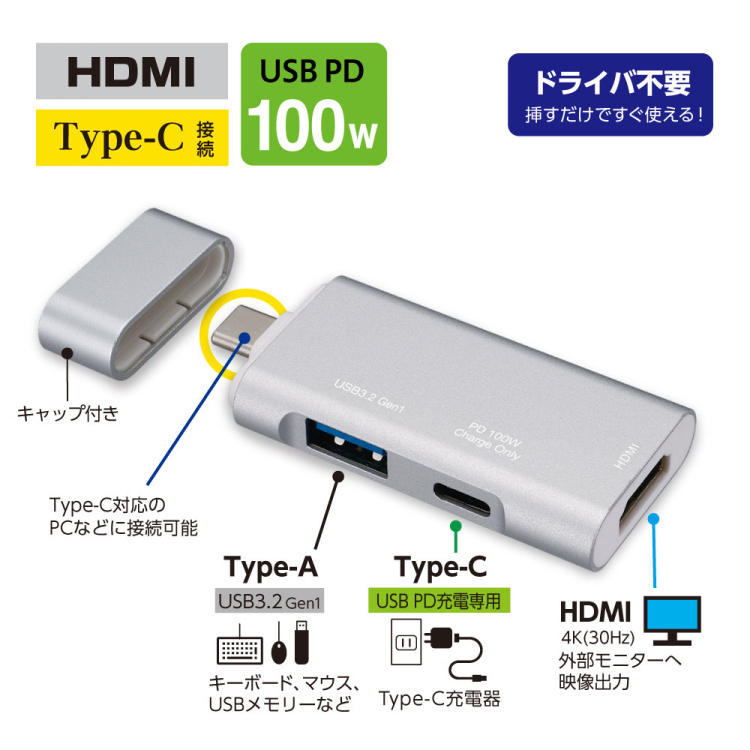 PD対応Type-CポケットサイズドッキングS/シルバー UD-C08SL